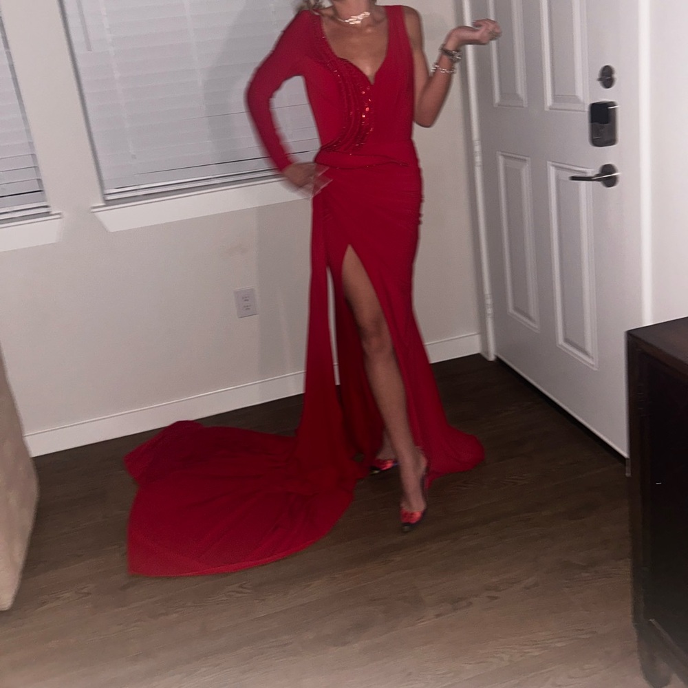 Red One-Sleeve Maxi Dress with High Side Slit